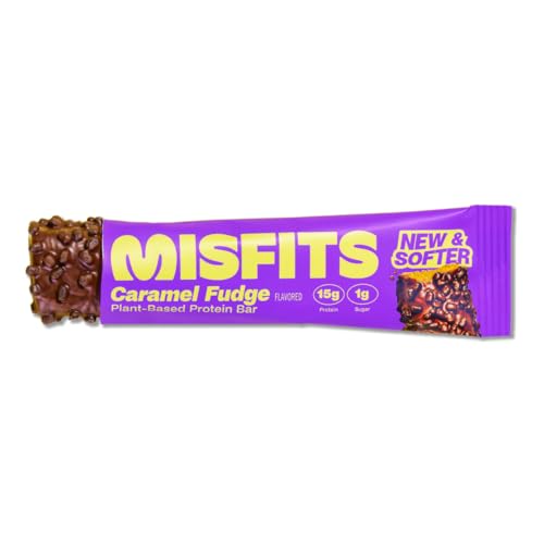Misfits High Protein Bar Caramel Fudge Gluten Free Non GMO Plant Based Vegan Protein Bar Low Sugar High Fiber Snack