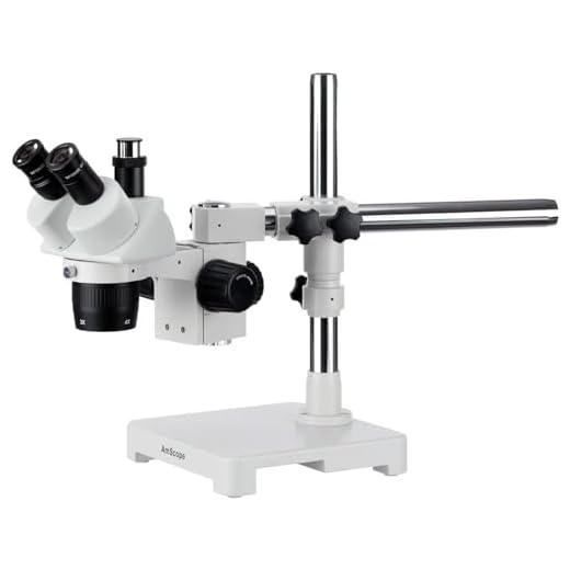 AmScope SW-3T24Z Trinocular Stereo Microscope, WH10x Eyepieces, 20X/40X/80X Magnification, 2X/4X Objective, Single-Arm Boom Stand, Includes 2.0x Barlow Lens