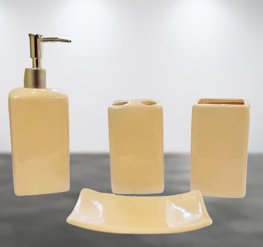 4 Pieces Bathroom Countertop Set Ceramic Accessories Solid Colors Soap Dispenser Soap Dish Toothbrush Holder Toothpaste Holder (Beige)