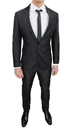 Abito completo uomo Evoga Abito Completo Uomo Sartoriale Raso Nero Slim Fit Aderente Vestito Elegante Cerimonia (48, Nero)