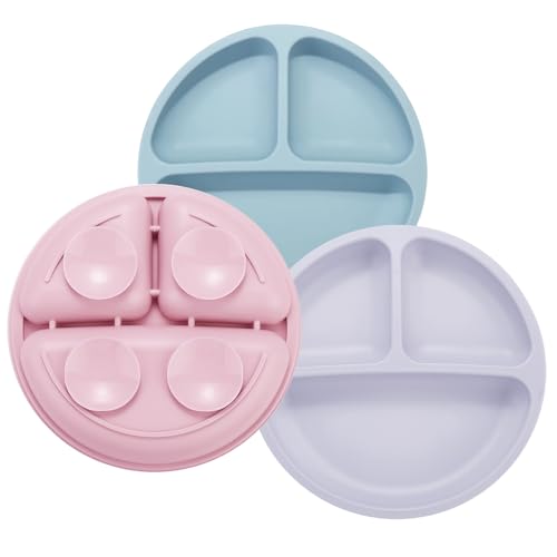 Image of PandaEar 3 Pack Toddler Plates, Silicone Divided Suction Plate for Babies, BPA-Free 100% Food-Grade Silicone Unbreakable Baby Plate (Pink/Purple/Blue)