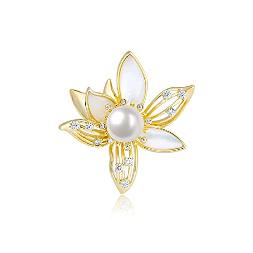 Broche de lys en nacre naturelle et perles d'eau douce pour femme