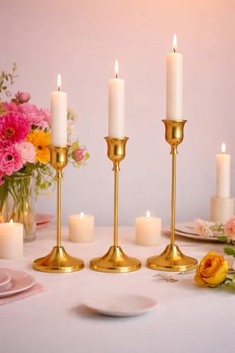 Image of Gold Metal Candle Holders for Table Centerpiece Set of 3 | Brass Finish Taper Candle Stand | Electroplated Alloy Candlestick Holder for Dining, Wedding, Home Decor (Fits 2cm Candles)