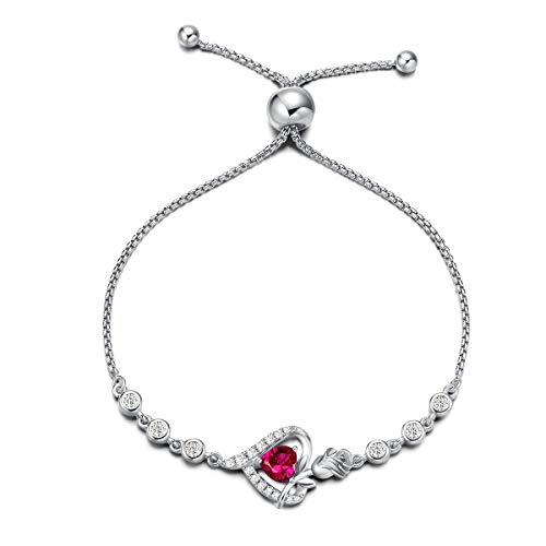 Agvana Geboortesteen Armbanden voor Vrouwen Sterling Zilver Echt of Gemaakt Edelsteen Tennis Armband Rose Bloem Hart Duurzaam Bolo Armband Belofte Sieraden Verjaardag Geschenken voor Meisjes Haar Moeder, Sterling zilver, Robijn
