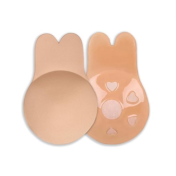 Women's Silicone Lift Up Bra Tape | Strapless Push Up Sticky Bra | Self Adhesive Backless Nipple Covers | Reusable Rabbit Ear Breast Lift Petals (Beige, 1 Pair)