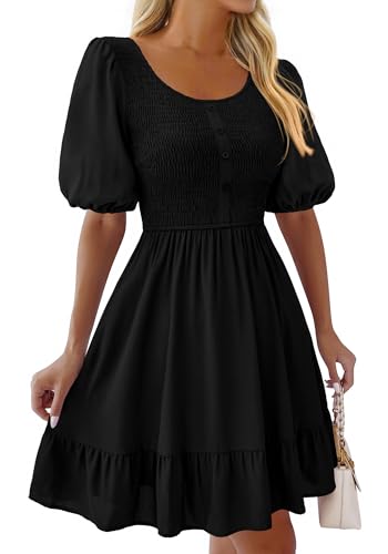 BTFBM Spring Empire Waist Dress for Women 2025 Summer Smocked Crewneck Puff Short Sleeve Beach Vacation Mini Dresses(Black, Large)