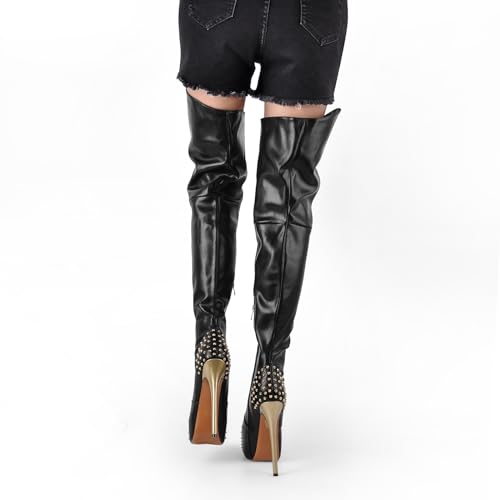 richealnini Platform Heel for Women Stiletto Heel Thigh High Boots with Zippers and Rivets3