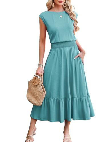 Image of Kikibell Womens Summer Dresses Cap Sleeve Elastic Waist Midi Dress with Pocket Long Causal Sundress Beach Vacation Outfits