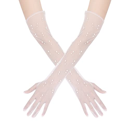 1 Pair Pearl Wedding Gloves - Elegant Long Tulle Bridal White Lace for Brides, Girls, Women