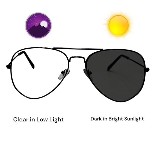 Image of Unisex Aviator UV Protected Photochromic Day Night Color Changing Sunglasses UV Protection Anti Glare Glasses Lenses for Outdoor and Driving | & | Metal Frame Black, 55