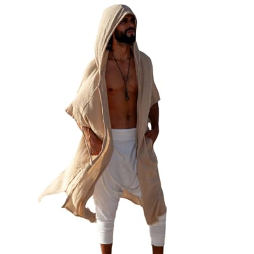 Cambkatl Men's Long Hooded Cardigan Short Sleeve Shawl Collar Lightweight Kimono Jackets Open Front Drape Cape Beach Coverups