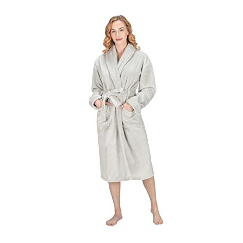 MONHOUSE Womens Dressing Gown - Premium Super Soft & Cosy Long Bathrobe - Ladies Thick Flannel Luxury Housecoat - Warm Fluffy Shearling Spa Robe for Her - Sherpa Bathrobe - Silver - UK 16-18