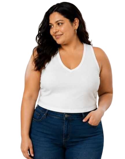 Women's Plus Size White Sleeveless V-Neck Tank Top | Solid Stretch Knit Casual Crop Top | Soft Lightweight Slim Fit Vest for Girls & Women-picture-27