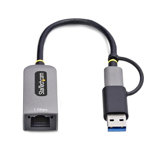 Image of StarTech USB-C to GbE Ethernet Adapter, 10 /100 /1000Mbps, USB-A Dongle | USB GbE Adapter, 6in /15cm Attached Cable, Status LEDs, C21GA-USB-ETHERNET