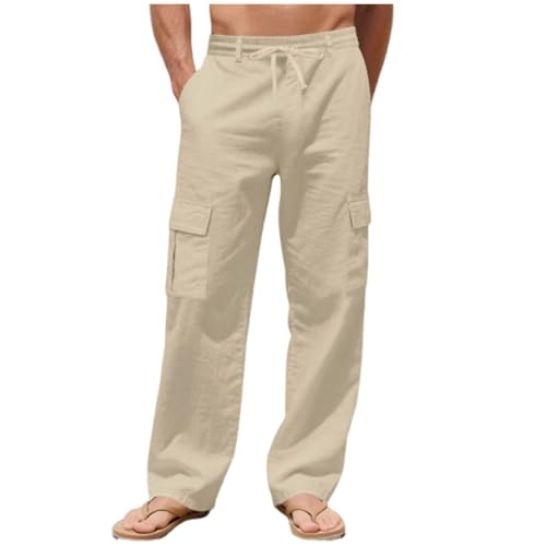 Cambkatl Men's Straight Leg Casual Linen Sweatpants Elastic Waist Loose Stretch Outdoor Hiking Cargo Pants with Pockets
