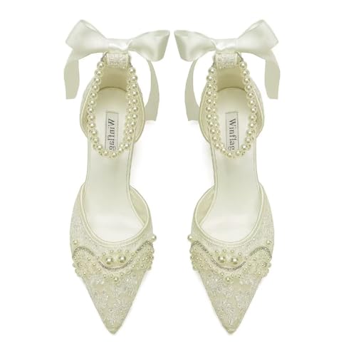 Lace Pearl Wedding Shoes for Bride Block Heel Bridal Shoes Closed Toe Wedding Heels2