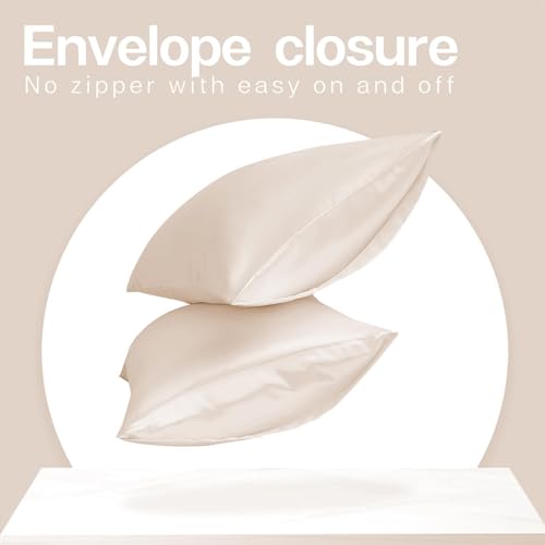Image of MR&HM Satin Pillowcase for Hair and Skin, Silk Satin Pillowcase 2 Pack, Standard Size Pillow Cases Set of 2, Silky Pillow Cover with Envelope Closure (20x26, Beige)