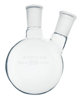 Chemglass CG-1520-52 Series CG-1520 Heavy Wall Round Bottom Flask, 2-Neck, 1-CN 14/20 Outer Joint, 1-SN 14/20 Outer Angled 20, 250 mL Capacity