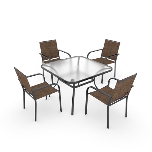 Image of Anmutig 5-Piece Outdoor Patio Dining Set 37-Inch Square Glass Table with 4 Stackable Chairs for Lawn Backyard and Deck, Brown