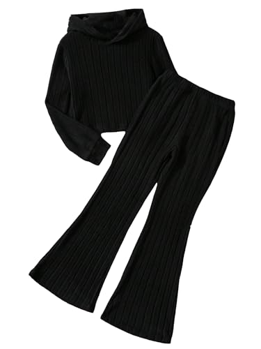 GORGLITTER Girl's 2 Piece Outfits Set Ribbed Knit Long Sleeve Hoodie Sweatshirt and Flare Pants