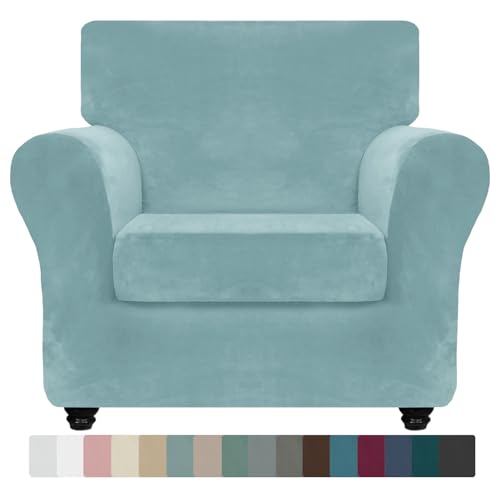 ZNSAYOTX Luxury Velvet Chair Slipcovers with Arms 2 Piece Stretch Chair Covers for Living Room Thick Soft Armchair Slipcover Anti Slip Pet Friendly Furniture Protector (Stone Blue),30"-47"(1 Cushion)