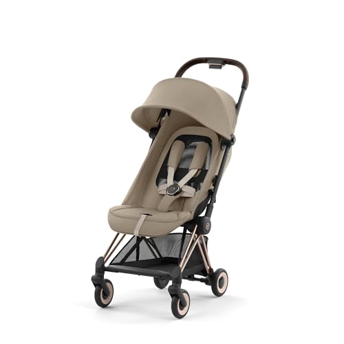 Image of Cybex Coya Compact Stroller, Lightweight One-hand Fold, Travel-Friendly Pram for Newborns, Infants, and Toddlers, Age 0-4 years, Flat Recline Position, One Pull Harness, Hand Luggage Compatible, Stroller (Cozy Beige and Rosegold Frame)