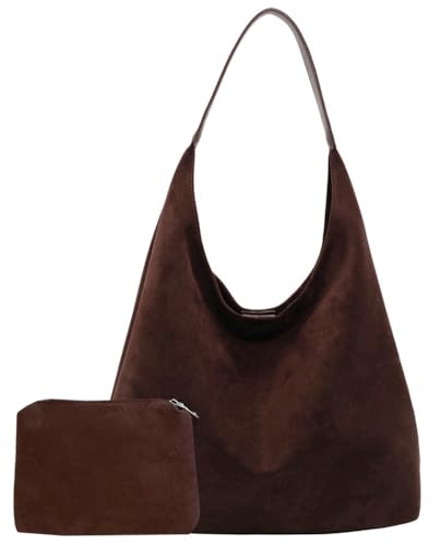 Schultertasche aus Wildleder, für Damen, groß, braun, Wildleder-Geldbörse, Büro, Reisen, Handtasche, Unterarmtasche, Kaffee, Medium