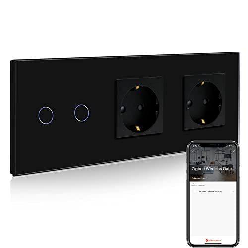 BSEED BSEED Normale doppelte Steckdose mit Smart ZigBee Lichtschalter, intelligenter Wandschalter Kompatibel mit Alexa und Google Home, 2 fach 1 Weg Schalter mit zwei Steckdose Schwarz(Hub erforderlich)