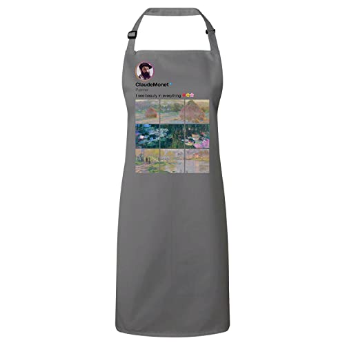 Tablier de cuisine gris Claude Monet en tissu premium imprimé peinture dart