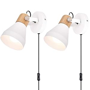 TeHenoo Wooden Plug in Wall Sconce Set of 2, Matte White Rotatable Wall Lamp with On-Off Switch Cord for Bedroom,Living Room,Reading,Hallway