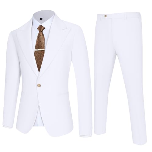 Men Suits Slim Fit 2 Piece White Dress Suit Blazer Solid Jacket Pant Set Business Suit Wedding Groom Prom Tuxedo S2