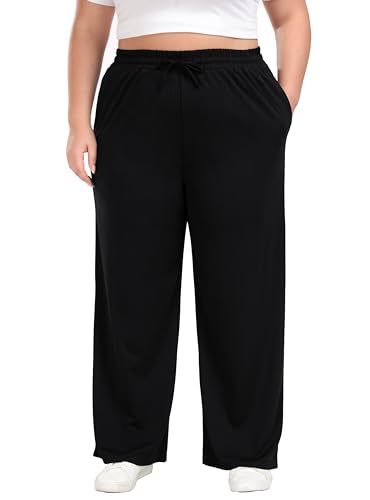 Trek Forte TRK-CASUAL PANTS-BLACK-2X Women'S Plus Size Wide Leg Pants Elastic Waist Casual Pants Summer Loose Fit Sweatpants thumb #5