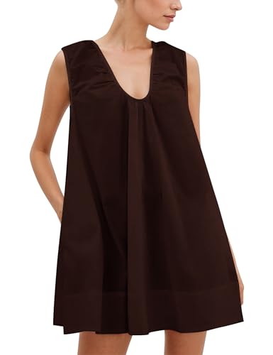 Image of MISSACTIVER Women's Sleeveless Babydoll Tank Mini Dress Scoop Neck Ruched Short Dress with Side Pockets Summer Party Dresses