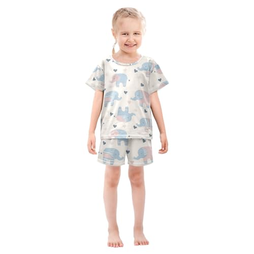 ALAZA Lovely Elephant Love Heart Pajamas Set Short Sleeve Cotton Sleepwear Summer Pjs 2 Piece 5-14Y3