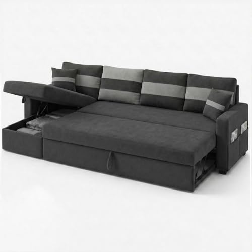 Image of CASASTYLE Sumur 6 Person Seating LHS L Shape Sofa with Pull Out Bed & Storage Lounger | Premium Soft Velvet Suede Fabric | Comfort Cushions | Ideal for Living Room, Hotel & Office (Dark Grey)