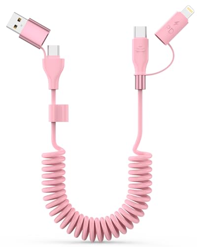 Car Carplay Cable Coiled USB C and Lightning Cable 2-in-1 60W 3A USB-C to Lightning Cable Type C to USBC Fast Charging Cord for Cell Phones/Tablets Support iPhone CarPlay & Android Auto 4FT/Pink