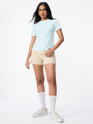 Image of The Souled Store Casual Classics: Women and Girls Short Sleeves Spread Collar Solid Cotton Regular Fit Breathable Lightweight Trendy Everyday T-Shirt