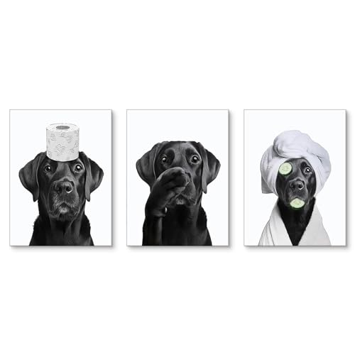 Uixxducc 3 Stück Poster Badezimmer Bilder Badezimmer Deko Bilder ohne Rahmen lustige Hund Wanddeko Bild WC Toilette Deko Schwarz Weiß Wandbilder (21×30 cm)