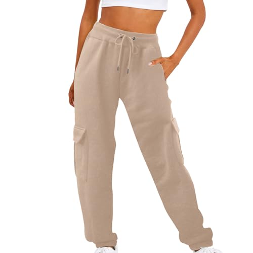 XUNRYAN Sweatpants Women Casual Cargo Pants with Pockets High Waist Joggers Workout Athletic Trousers 2024 Fashion Clothes Khaki