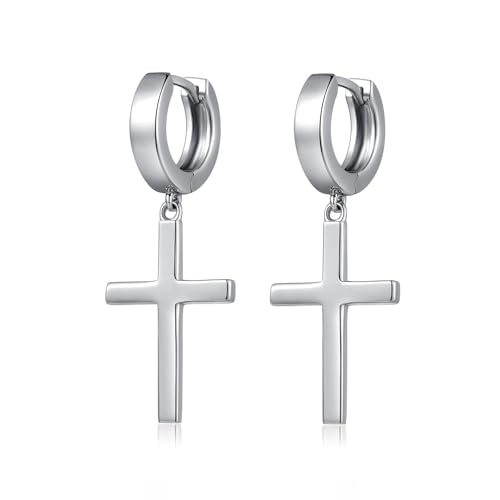 Boucles d'oreilles Croix Argent Sterling 925 Croix Boucles d'oreilles Créoles Pendantes Bijoux Religieux Chrétiens Cadeaux pour Femmes Hommes