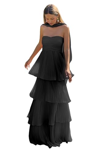 Strapless Bridesmaid Dresses for Womens 2025 Tiered Chiffon Maxi Prom Formal Evening Party Dress with Scarf