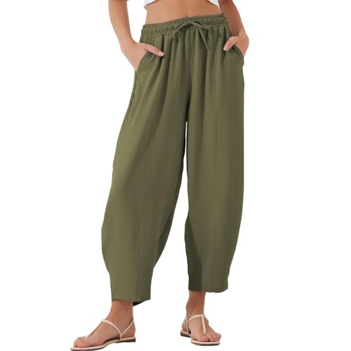 Wide Leg Pants for Women Summer Casual Linen Pants Elastic Waist Drawstring Trousers with Pockets