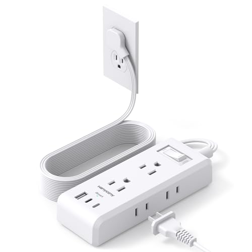 Extension Cord 3 Meters, Flat Power Cord with 6 Sockets and 3 USB Ports (2 USB C), Ultra Thin Extension Cord Wall Mount, Long Cord for Student Housing,