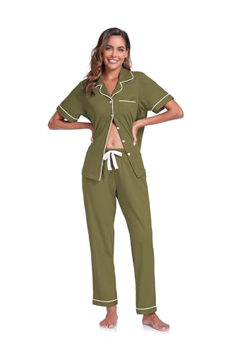 Image of COLORFULLEAF Women's 100% Cotton Pajamas Set Button Down Sleepwear Short Sleeve Shirt and Long Pants Soft Ladies Lounge Sets