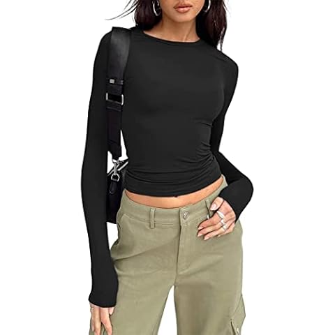 Hafailia Fitted Basic Long Sleeve Shirt Women - Skim Dupes Casual Y2K Long Sleeve Tops Crewneck Slim Fit Tshirt Tees Black S Cover