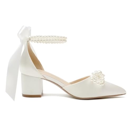 Block Heel Wedding Shoes for Bride Satin Pearl Bridal Heels Closed Toe Wedding Heels4