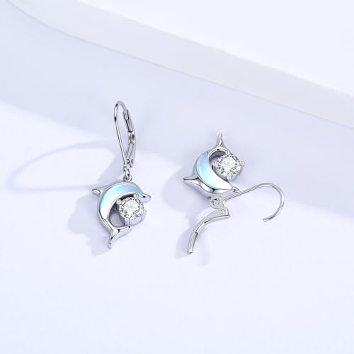Dolphin Earrings for Women Sterling Silver Moonstone Dolphin Drop Earrings Animal Ocean Jewelry Gift for Women2