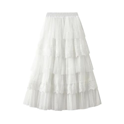 Lace Patchwork Chiffon Long Skirt Polka Dot A-Line High Waisted Mesh Pleated Skirt