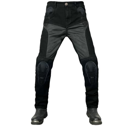 QIYUANT Pantalones de Moto Verano para Hombre Motocicleta Jeans Resistencia Desgarro Respirable Pantalón de Motorista Mujer Retro Casual Elásticos con Equipo de Protecciones Mejorada (Negro, 3XL)