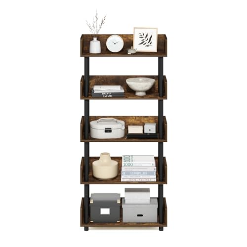 Image of Furinno TURN-N-TUBE 5-Tier Display Shelf, Storage Shelves, Book Shelf, Open Shelves with Rounded Corner Top Edges, for Organization and Storage, Living Room, Home Office, Amber Pine